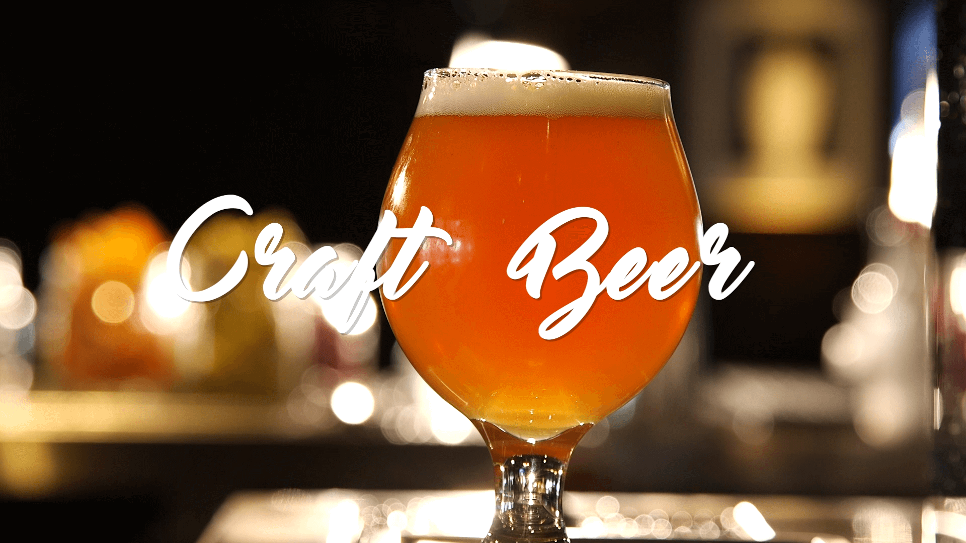 A glass of beer on a bar counter with a blurred background of lights. Text overlay says "Craft Beer" in white cursive font.