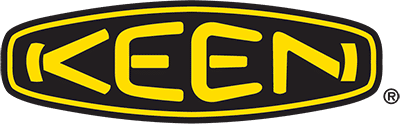 Keen logo in black and yellow with the word KEEN in stylized letters.