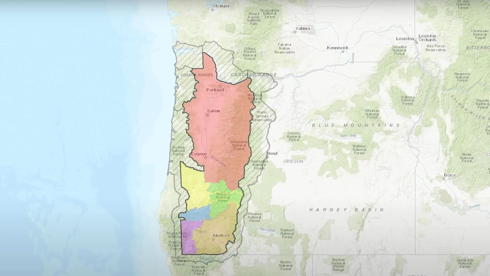Map of Oregon with color-coded regions and National Forest boundaries, including Portland, Salem, Eugene, and Medford.