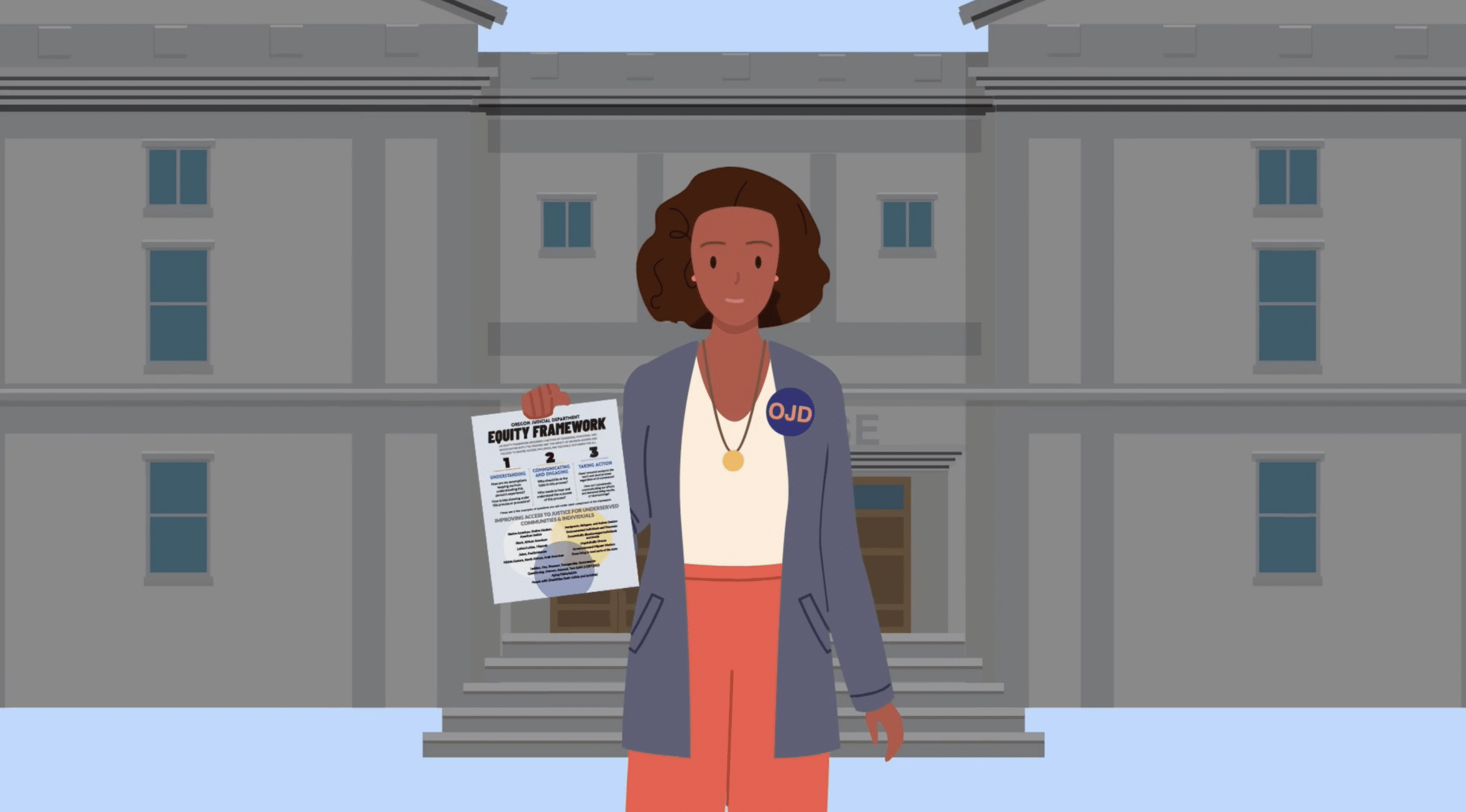 A woman standing in front of a government building, holding a flyer titled 'Equity Framework' with 'OJD' badge on her jacket.