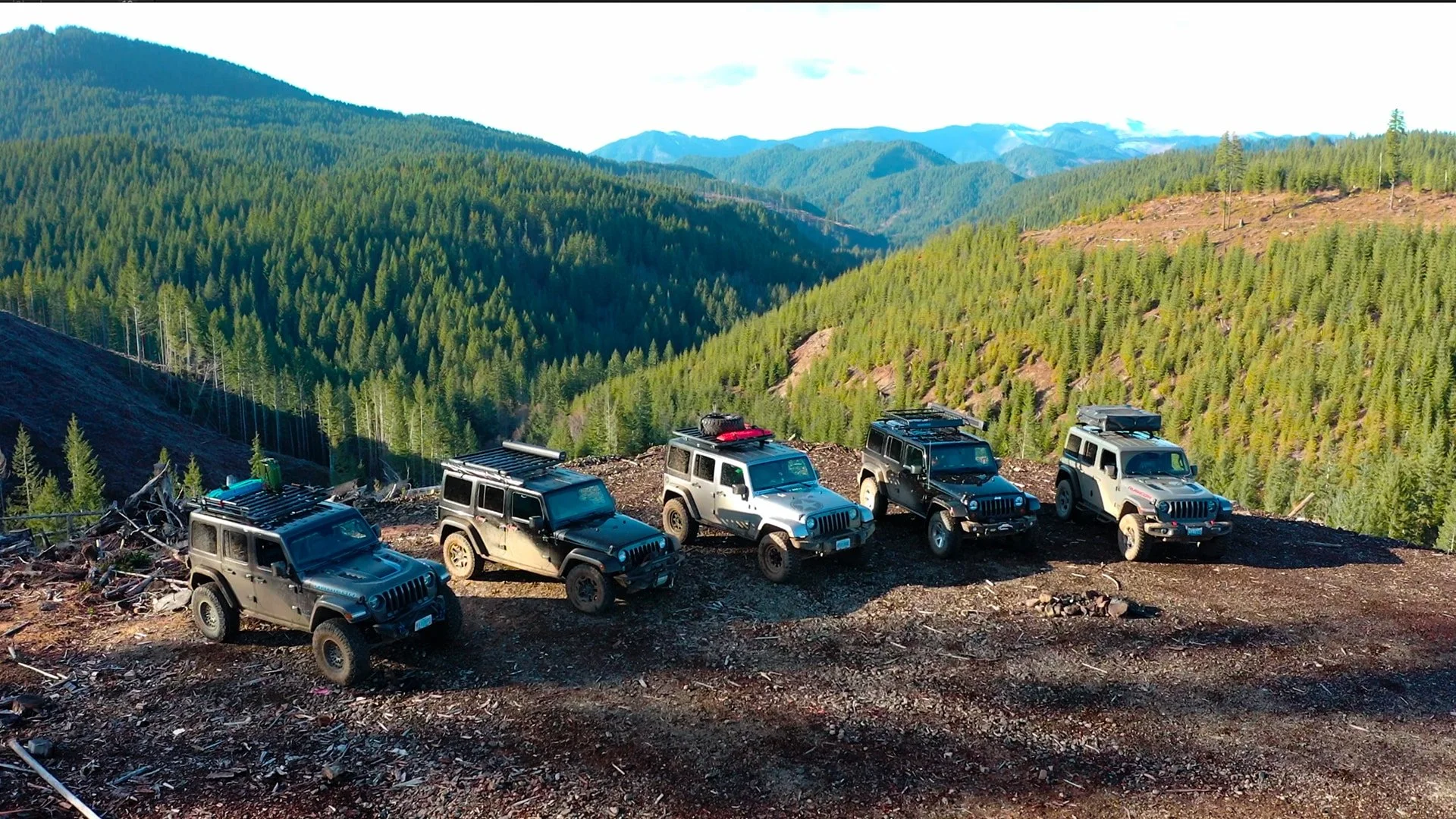 Five off-road vehicles parked on rugged terrain with a forested mountain landscape in the background.