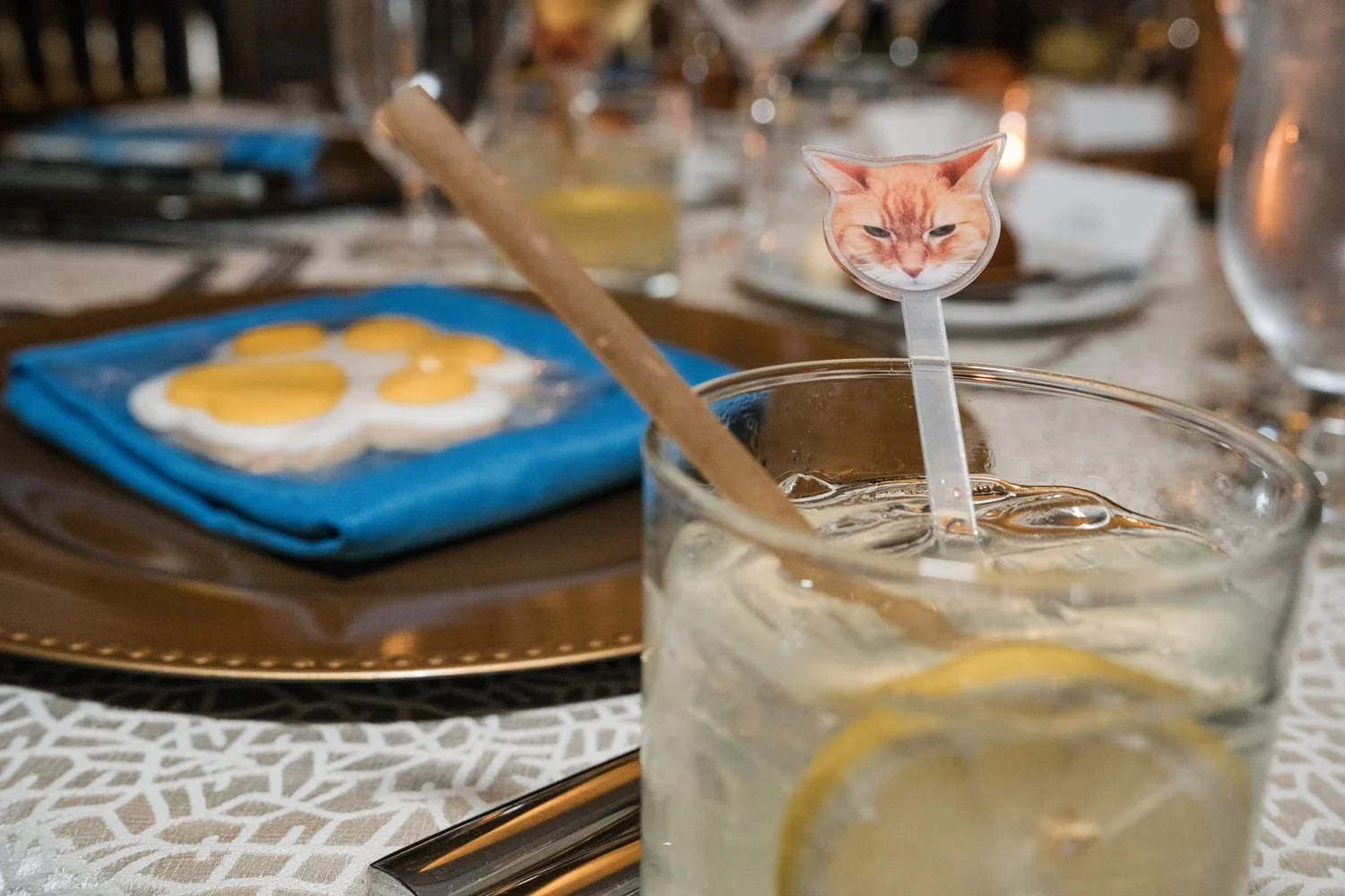 Close-up of a glass of ice water with lemon slices and a photo of a cat on a drink stirrer, with a plate of eggs and a blue napkin on a table.