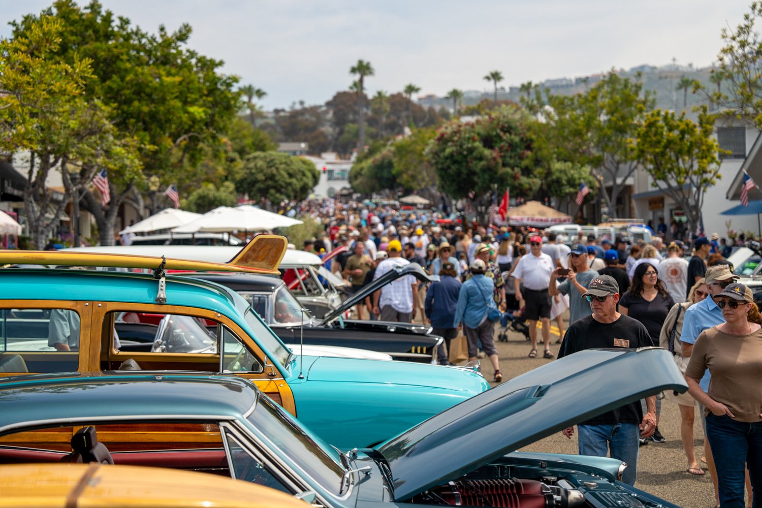Crowd of people at a street car show with classic cars on display, some with open hoods, and trees lining the street.