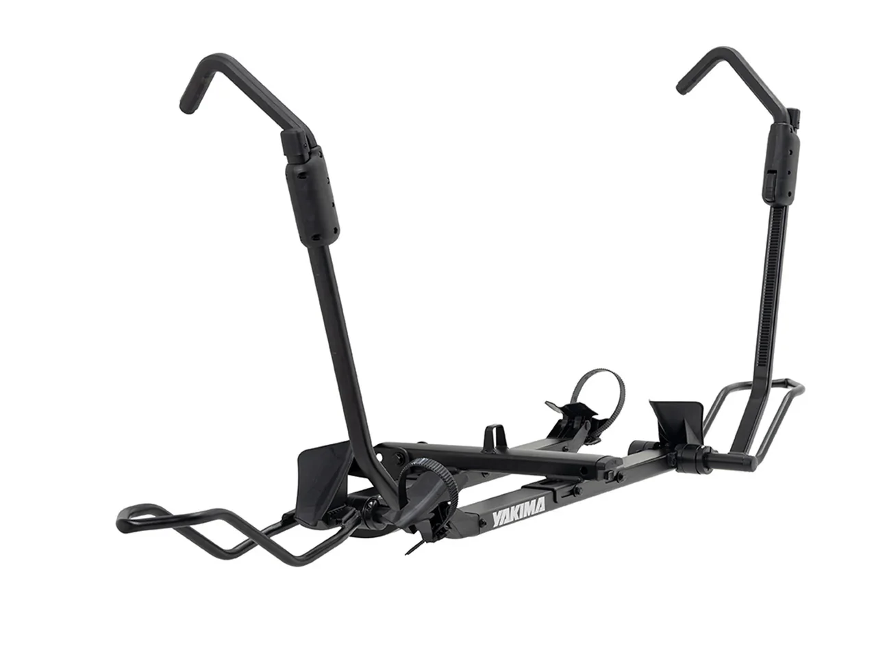 Black Yakima bike rack designed to hold a single bicycle, with adjustable arms and a foot pedal for securing the bike.