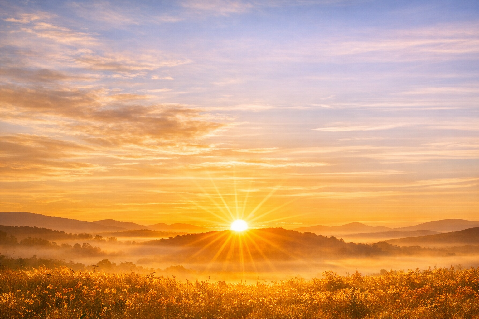 Sunrise over a landscape with rolling hills, mist, and a field of shrubbery, under a partly cloudy sky.