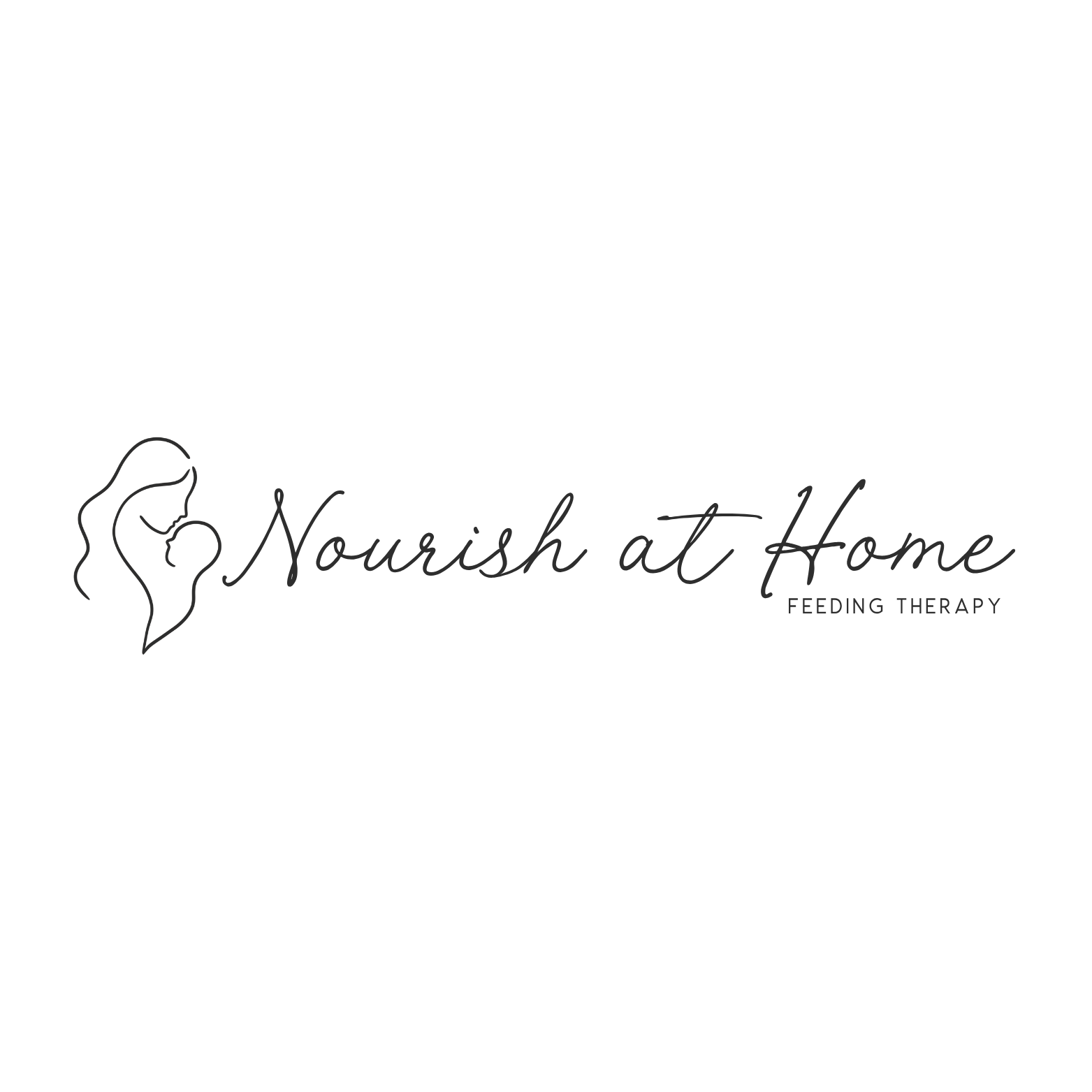 Logo for Nourish at Home Feeding Therapy featuring a line drawing of a woman holding a baby and the text 'Nourish at Home' in a cursive font with 'Feeding Therapy' beneath in smaller text.