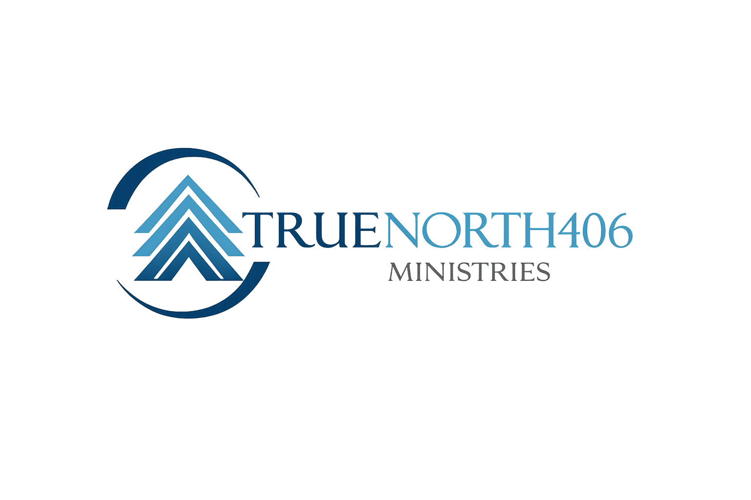 Logo for True North Ministries with stylized blue compass arrow and text.