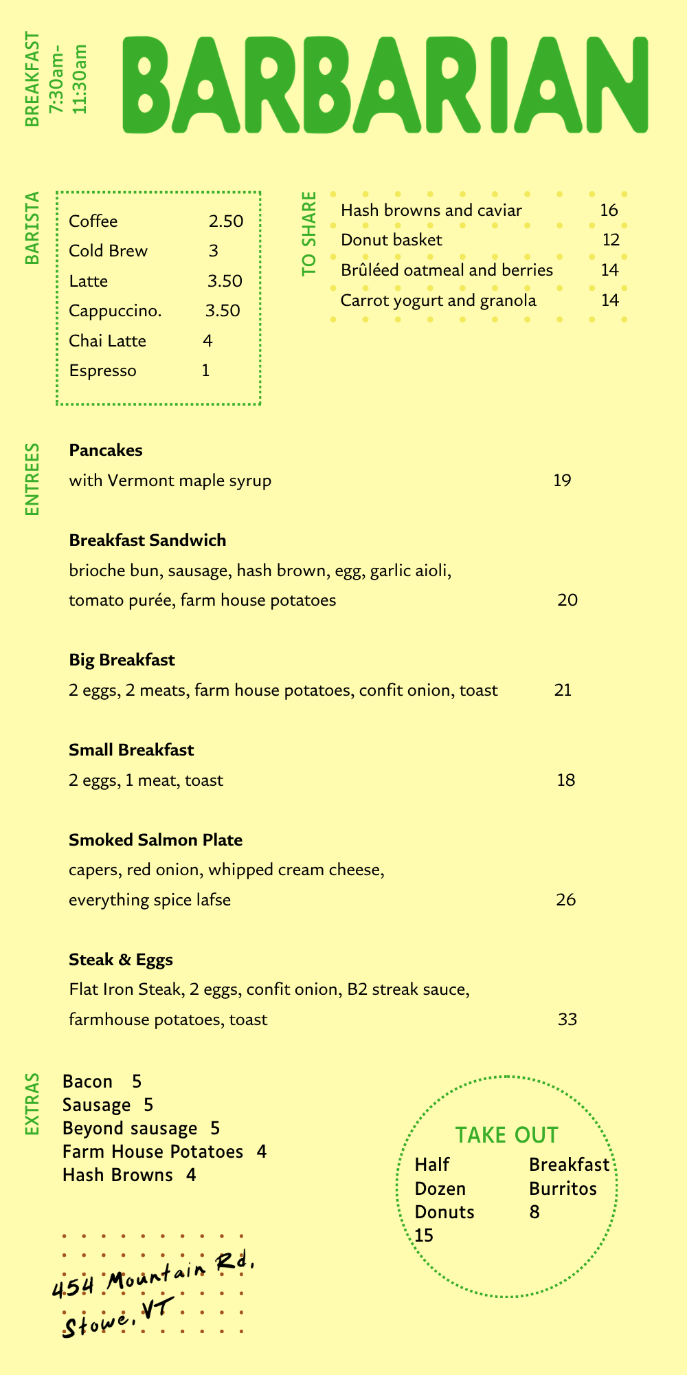 Menu of a breakfast restaurant titled 'Barbarian' with breakfast options such as coffee, cold brew, latte, cappuccino, chai latte, and espresso, along with various entrees and extras, and a take-out section offering breakfast burritos, donuts, and half or dozen of donuts. The menu has a yellow background with green text and dotted design elements.