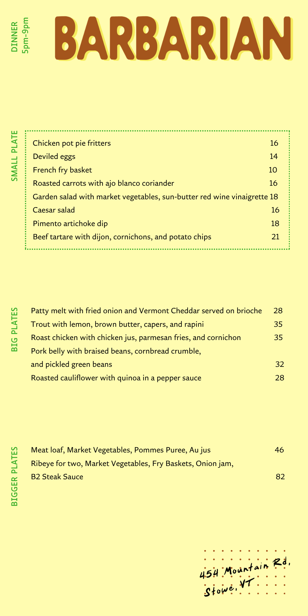 Menu for a restaurant called Barbarian with sections for small, big, and bigger plates, including dishes like chicken pot pie fritters, roasted carrots with ajo blanco coriander, and B2 steak sauce, with a handwritten address at the bottom.