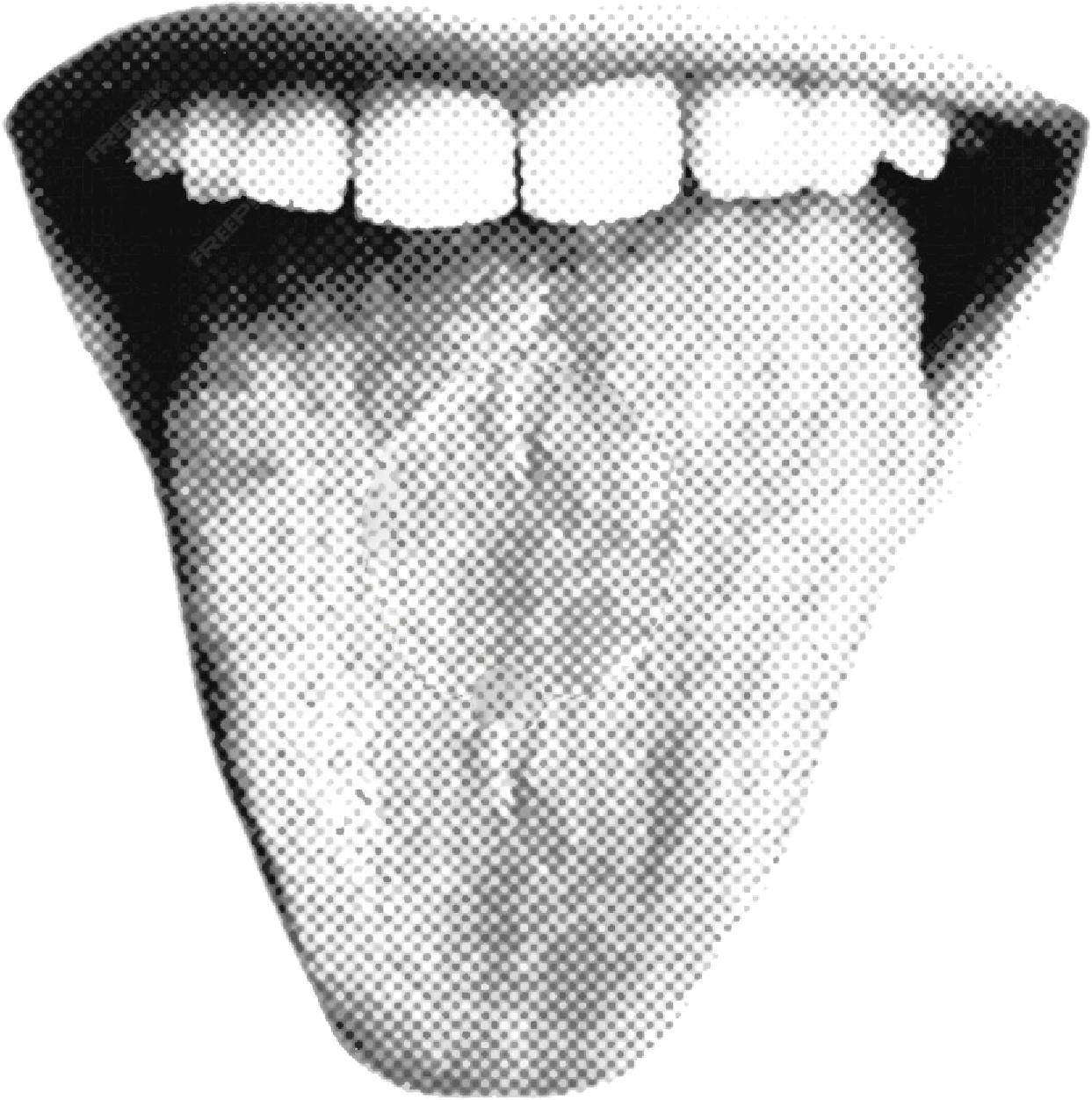 Close-up of a person's tongue in black and white with a halftone effect.