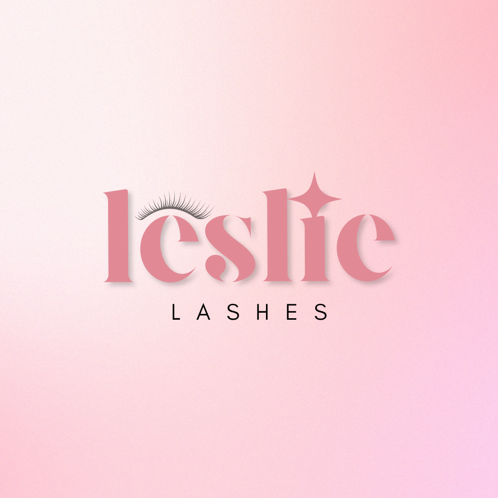 Logo for Leslie Lashes with pink gradient background, stylized eye with long eyelashes above the letter 'L', and a small star above the letter 'i' in 'Leslie'.