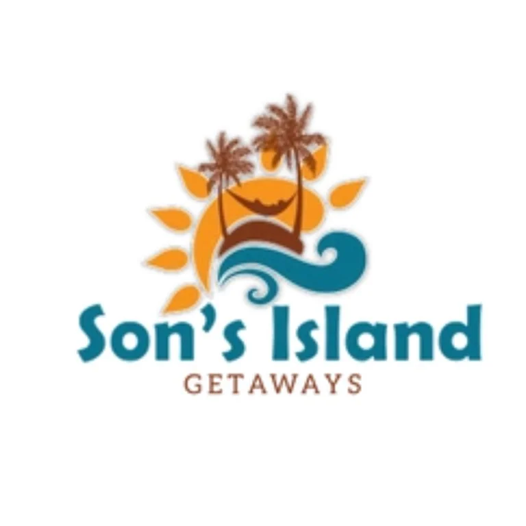A logo featuring a sun, two palm trees, a hammock, and a wave, with the text "Son's Island Getaways".