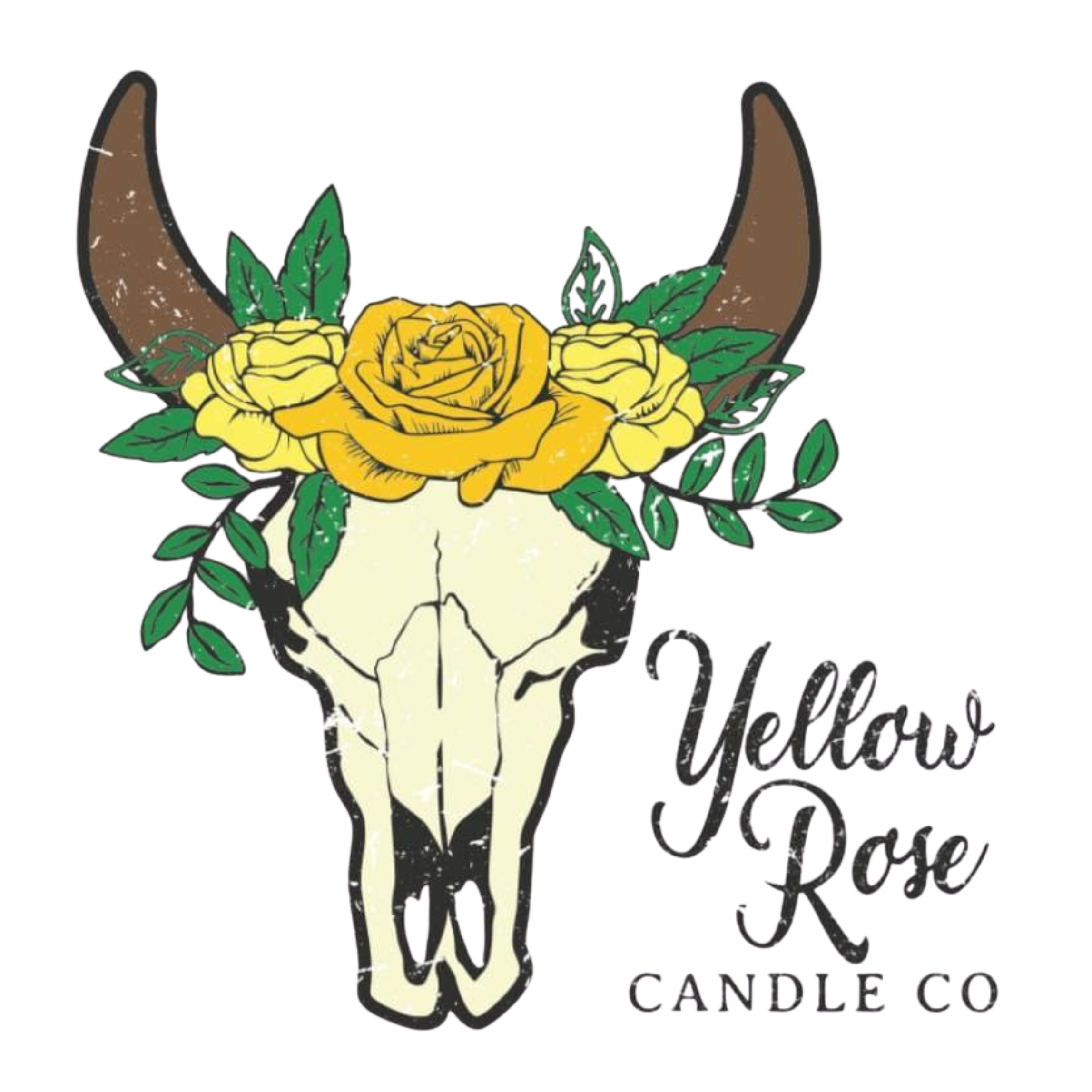 Graphic of a cow skull with yellow roses and green leaves, with the text "Yellow Rose Candle Co".