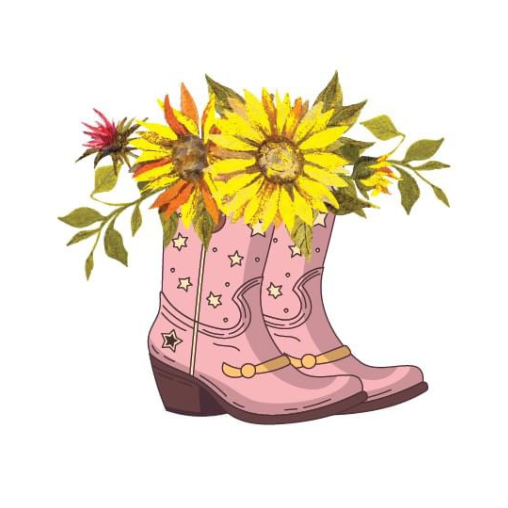 A whimsical illustration of a pink cowboy boot filled with yellow sunflowers and autumn leaves.