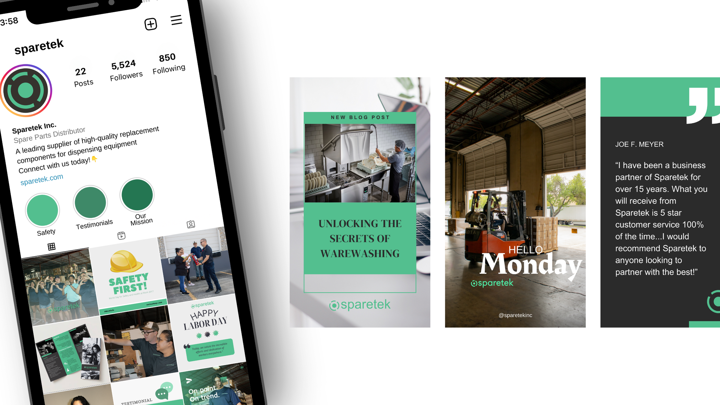 Screenshot of an Instagram profile page for Sparetek Inc., showing posts about warehouse safety, customer testimonials, employee activities, and promotional content for warewashing solutions.