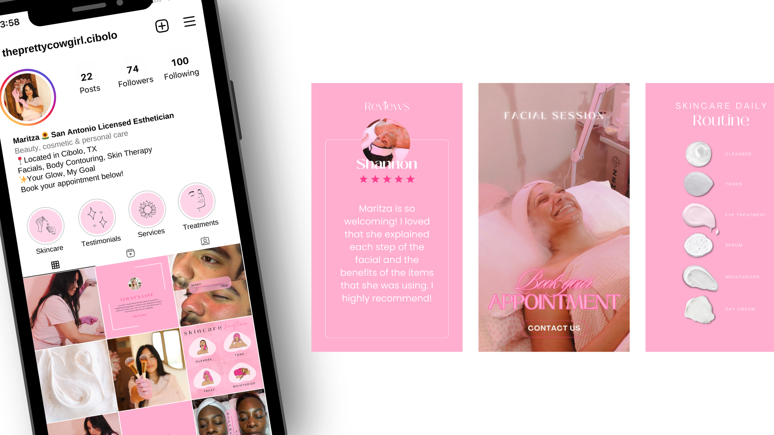 Instagram profile page for 'theprettycowgirl.cibolo' featuring a breast cancer awareness theme, highlighting skincare and beauty services, with a grid of photos including a woman with skincare tools, a skincare product close-up, and promotional graph