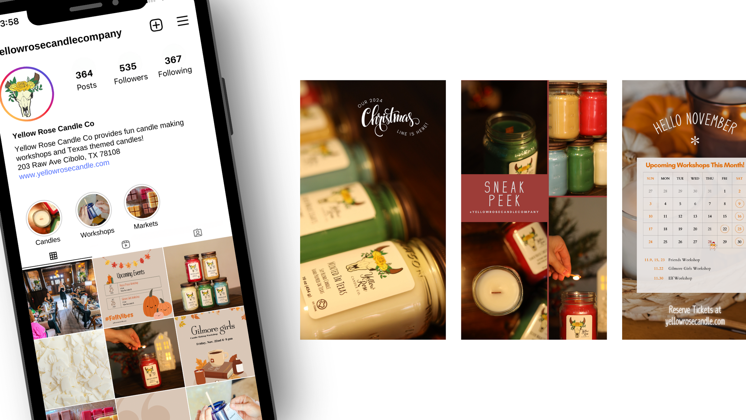 Instagram profile page of Yellow Rose Candle Co, showing recently posted images of candles, workshops, and markets, along with upcoming events and a sneak peek of their candles.