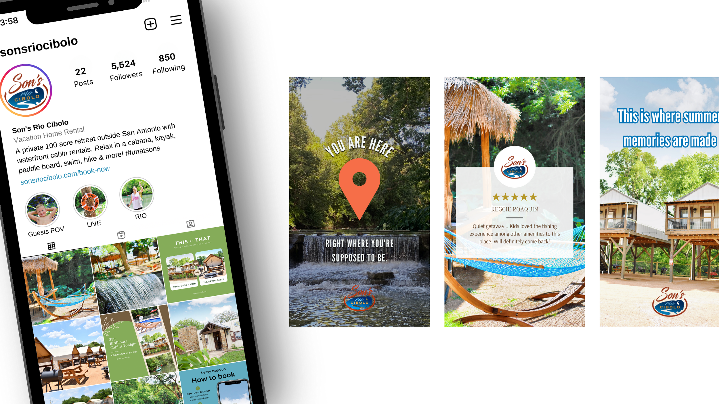 Instagram profile page of Son's Rio Cibolo with photos of a waterfront retreat, waterfalls, cabins, and outdoor amenities, along with promotional images of outdoor scenery and a location marker with text 'You are here'.