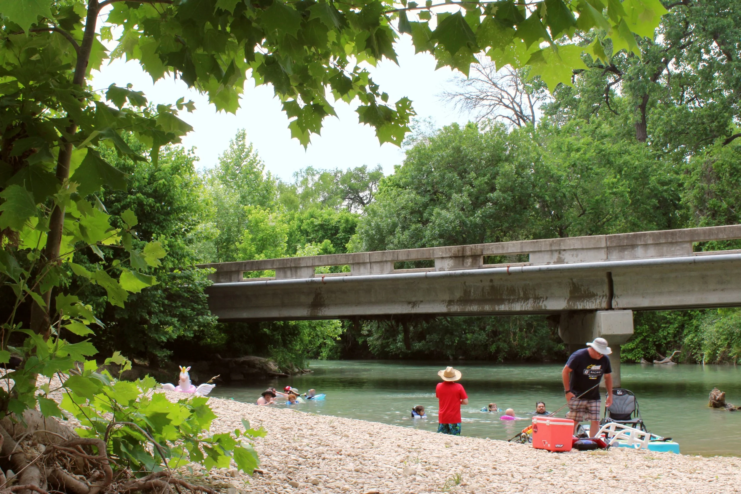 People swimming and relaxing near a river under a bridge with green trees in the background.