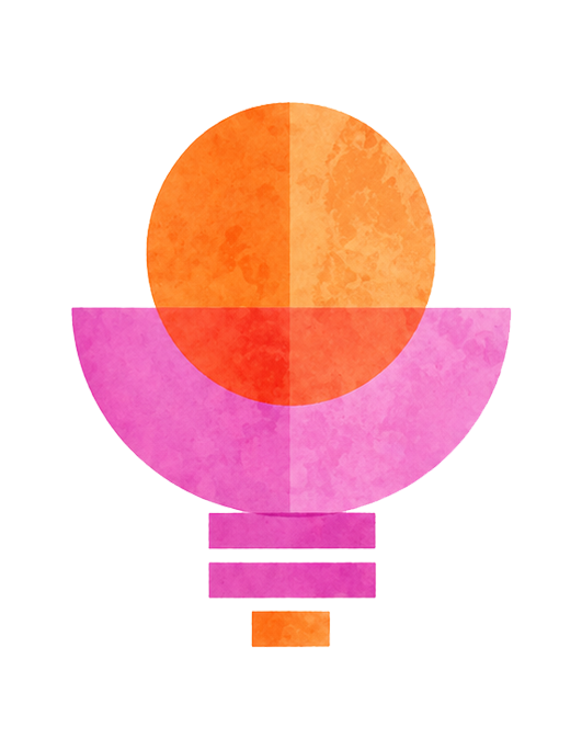 An abstract illustration of a stylized light bulb with a pink base, a pink semi-circle in the middle, and an orange disk at the top.