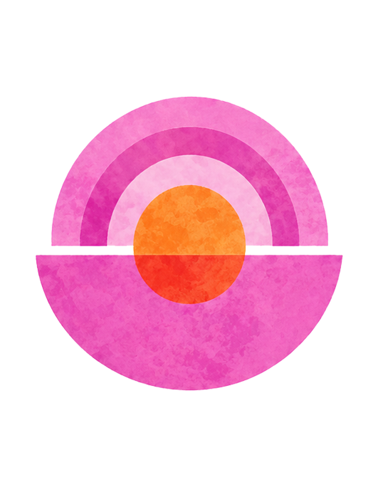 Abstract colorful illustration of a circle with pink, orange, and red layers, resembling a simplified eye or a target.
