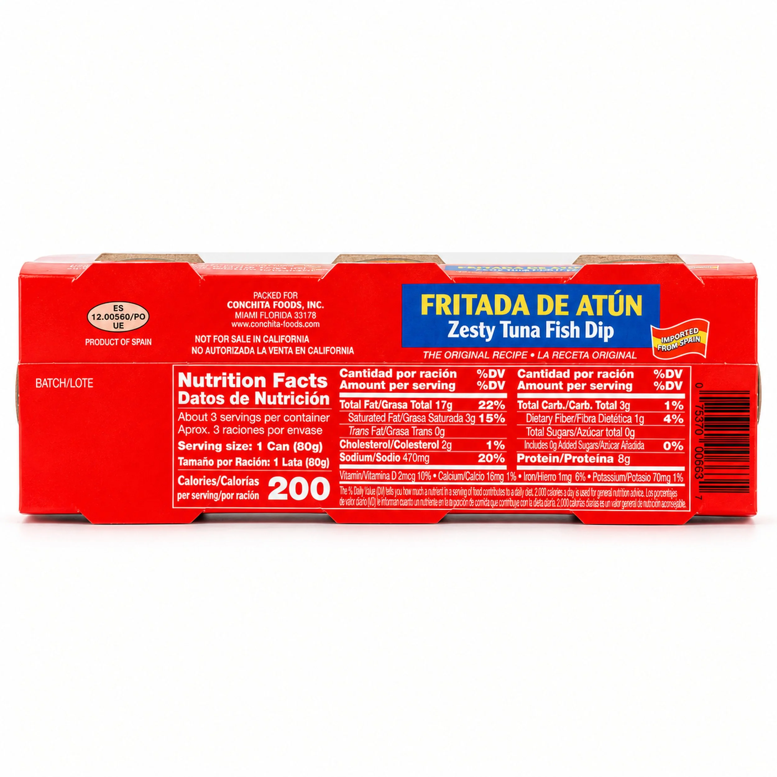 Conchita Zesty Tuna Fish Dip (Fritada de Atún) 3-pack of 2.8 oz cans, back label view