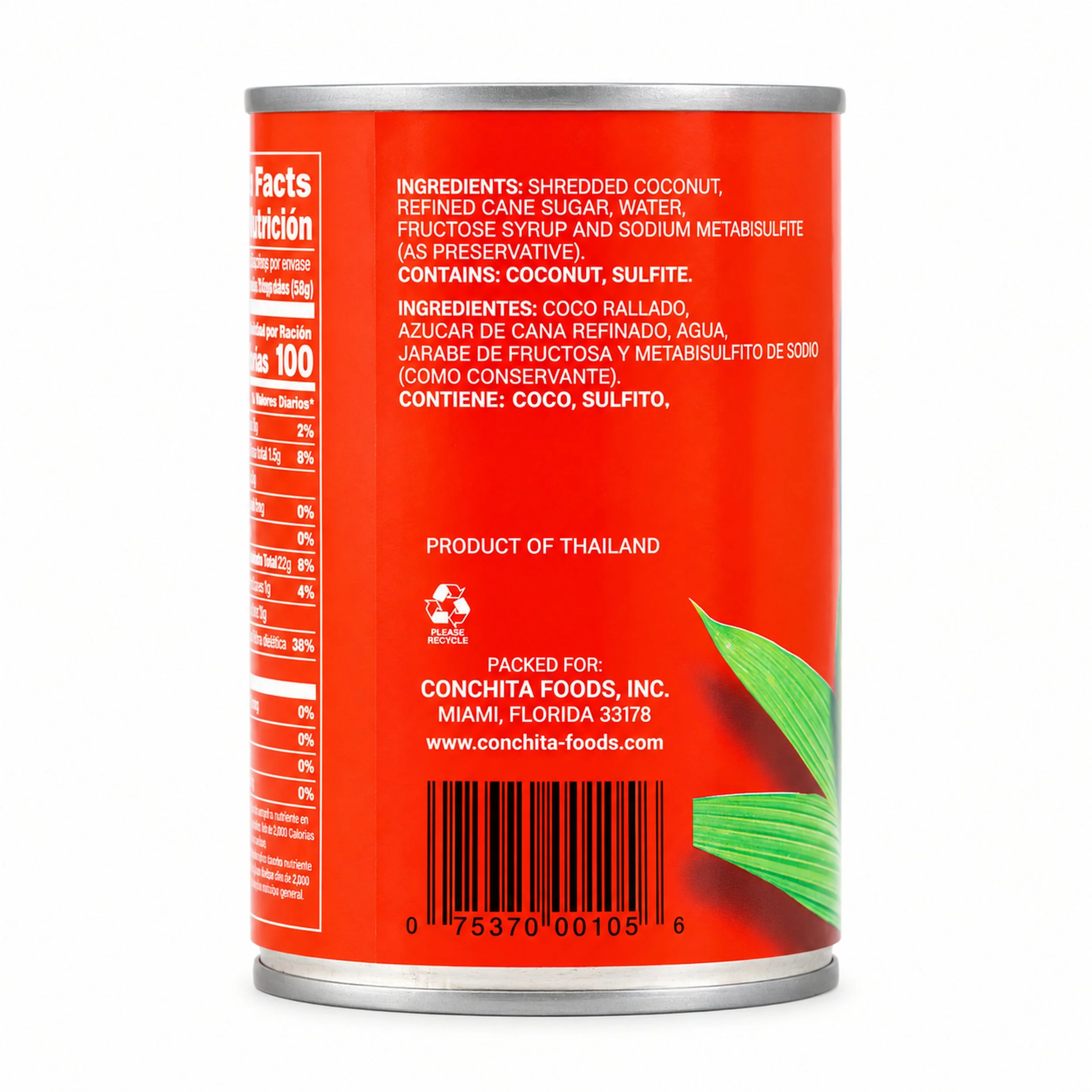 Conchita Grated Coconut in Syrup (Coco Rallado) 17 oz can, back label view