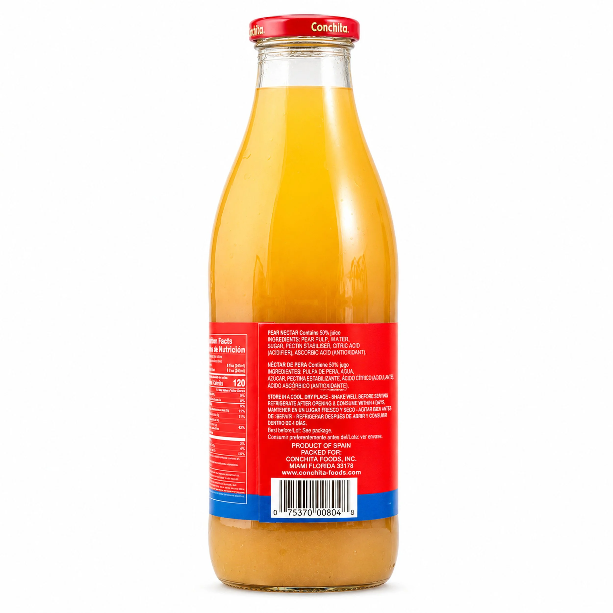 Conchita Pear Nectar (Néctar de Pera) 1 L glass bottle, back label view