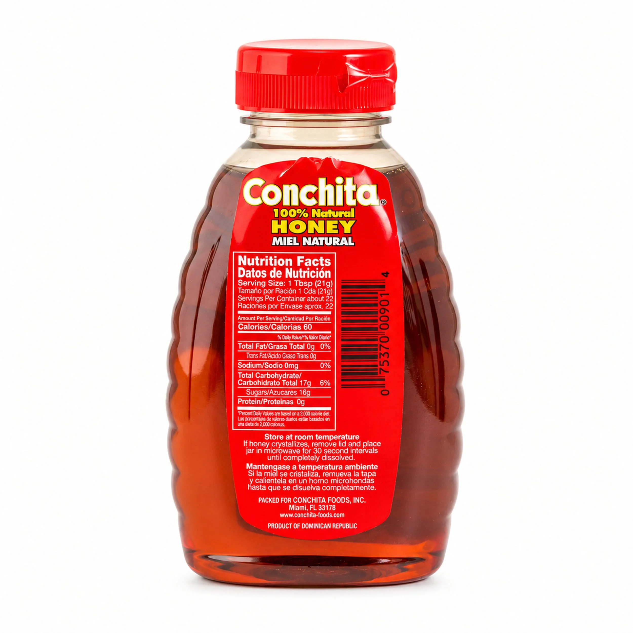 Conchita Honey (Miel) 16 oz squeeze bottle, back label view