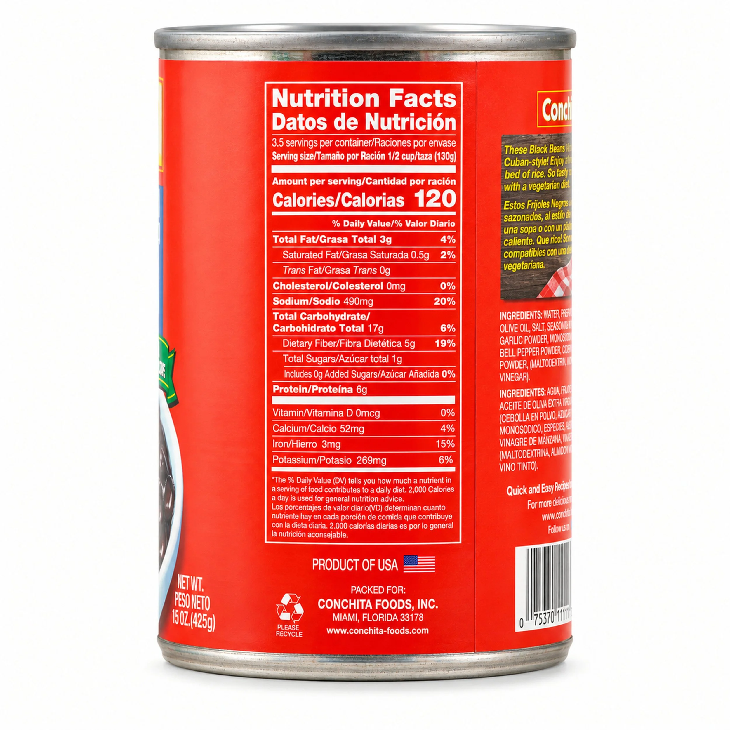 Conchita Ready-to-Serve Black Beans (Frijoles Negros) 15 oz can, nutrition facts side view
