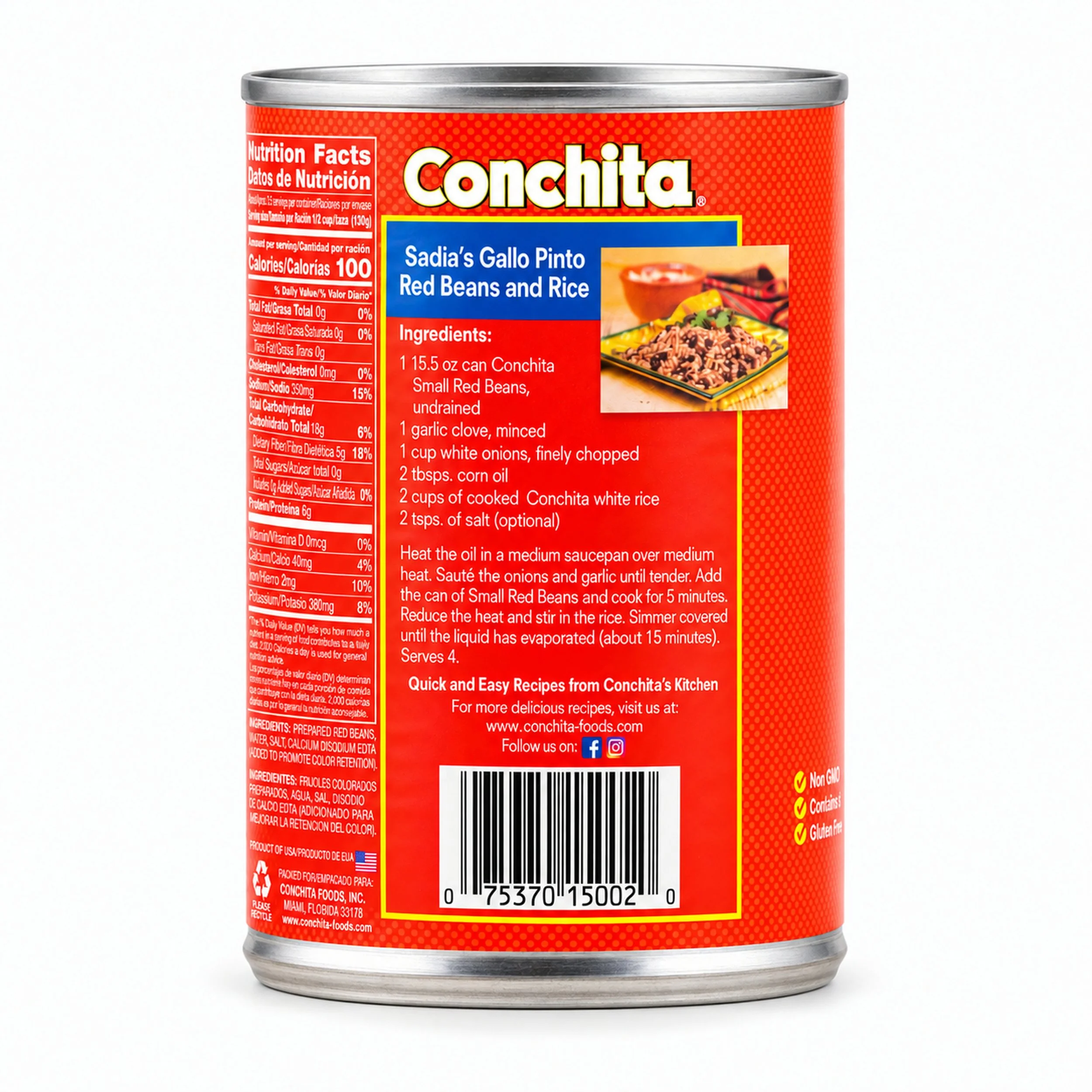 Conchita Small Red Beans (Frijoles Colorados) 15.5 oz can, back label with nutrition facts