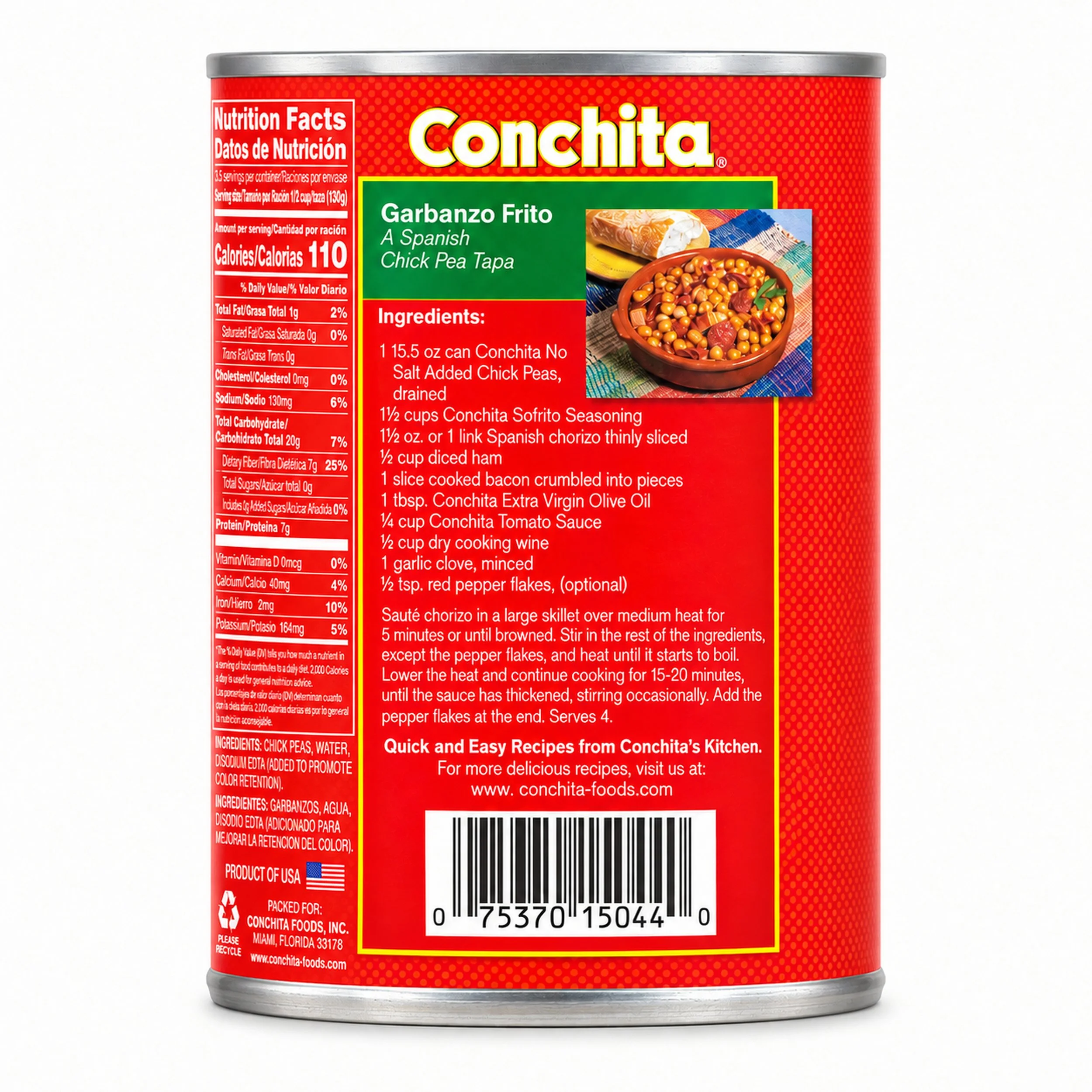 Conchita Chickpeas (Garbanzos) No Salt Added 15.5 oz can, back label with nutrition facts