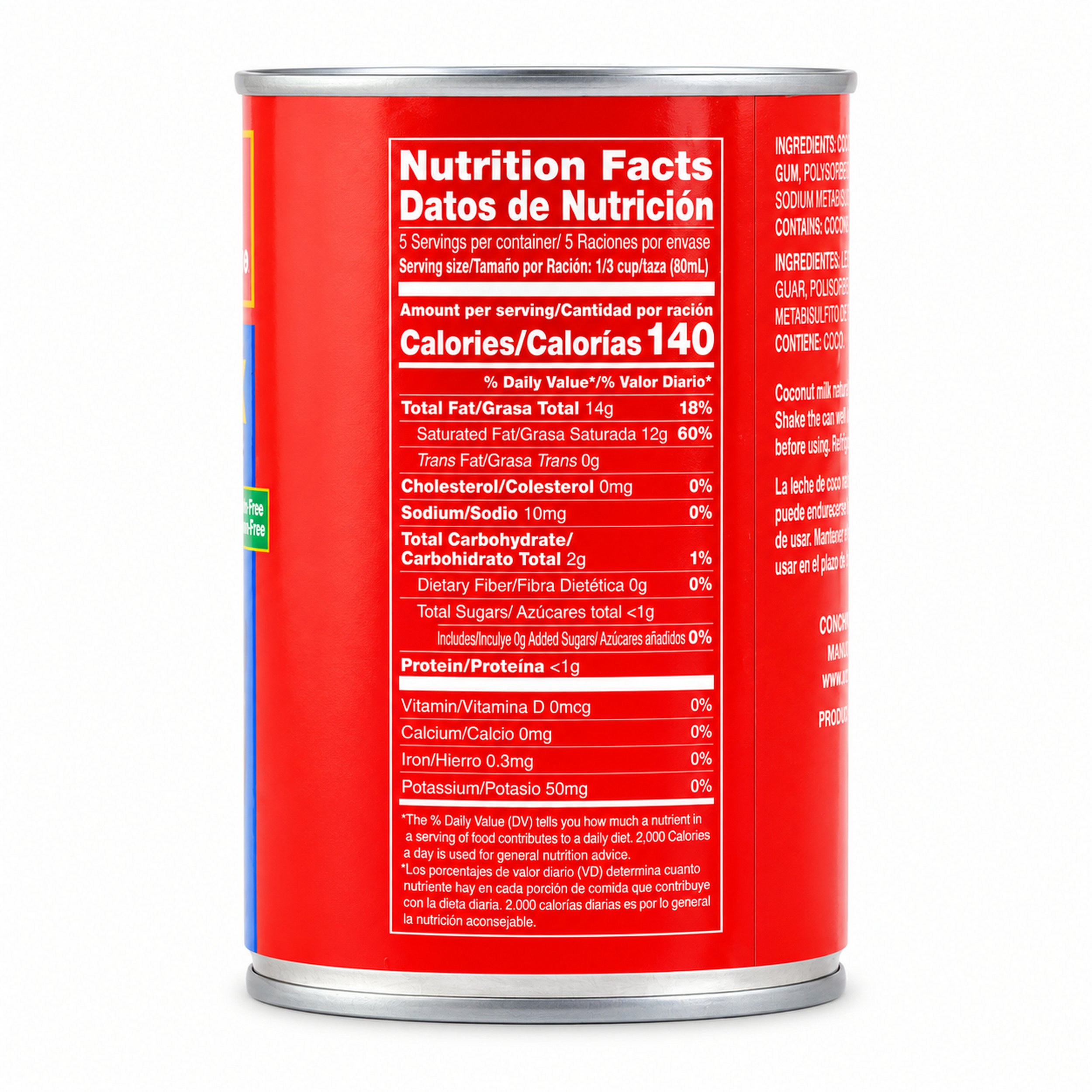 Conchita Coconut Milk (Leche de Coco) 13.5 fl oz can, nutrition facts side view
