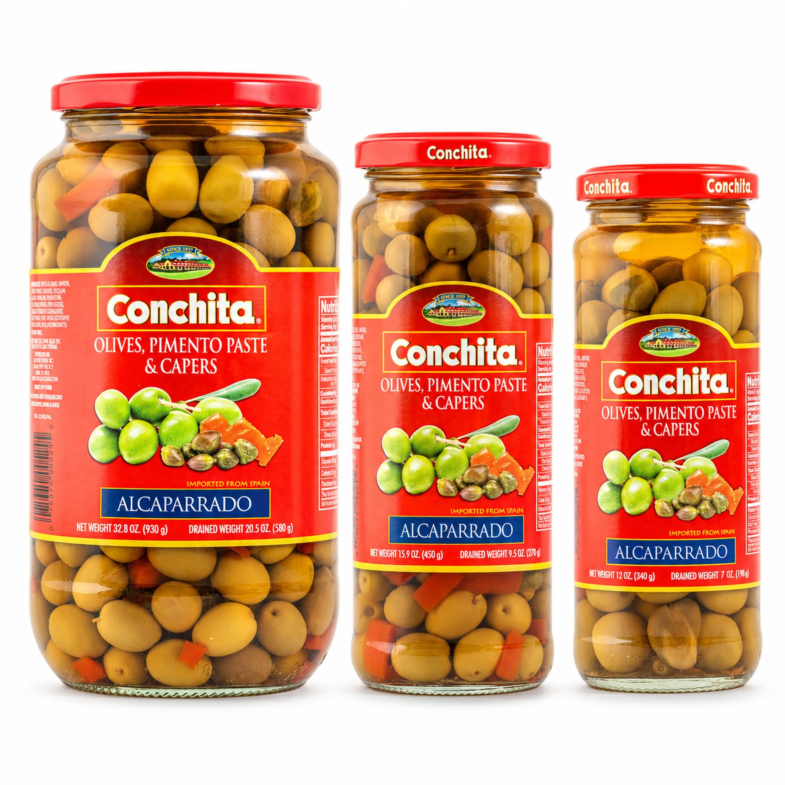 Conchita Alcaparrado Spanish Olives and Capers Mix in multiple jar sizes, front view