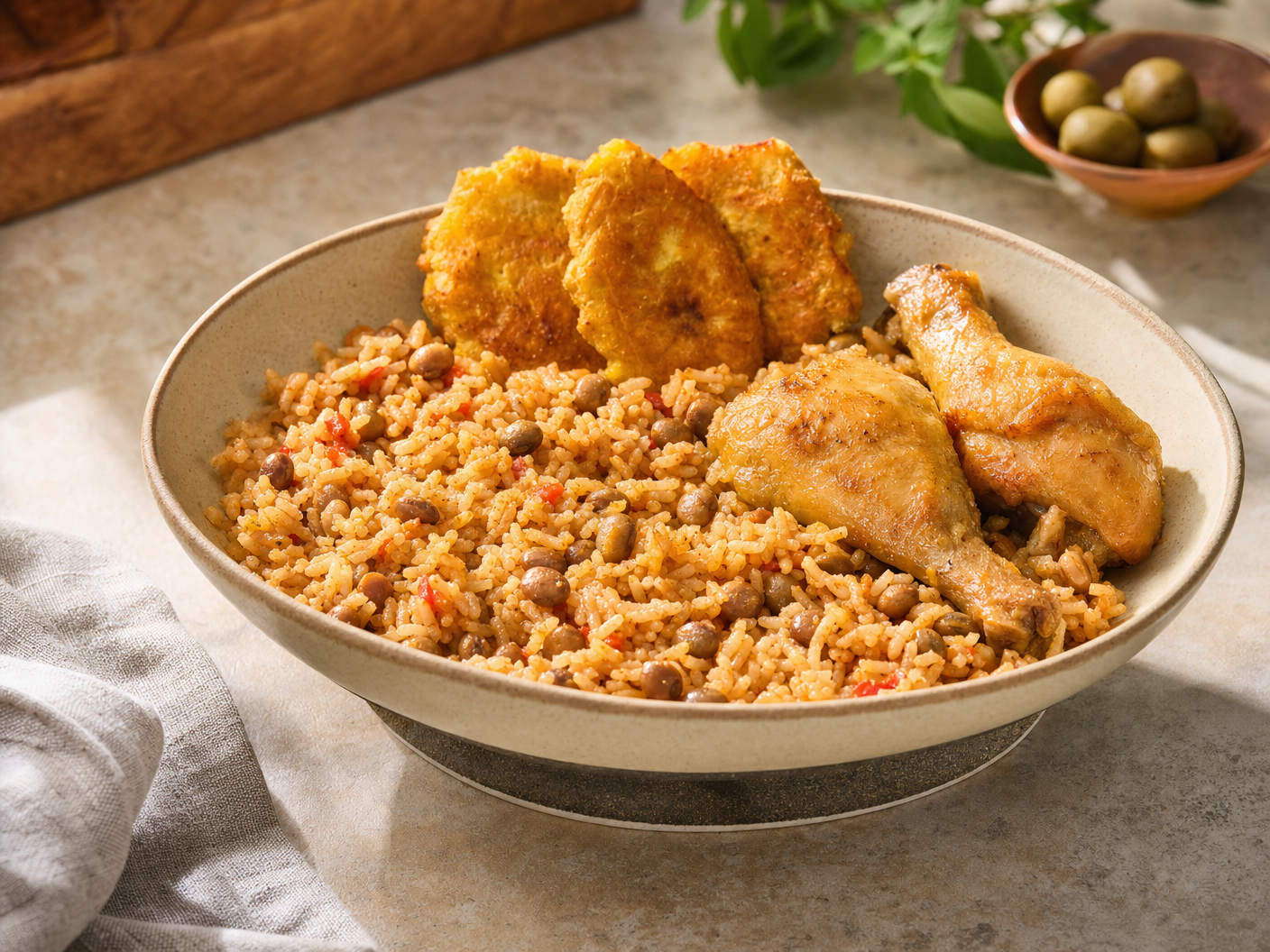 Bowl of arroz con gandules, seasoned rice with pigeon peas, served with roasted chicken legs and crispy tostones