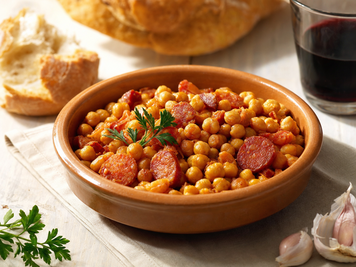 Garbanzo Frito recipe: clay bowl of fried chickpeas with sliced chorizo and parsley, served with crusty bread and red wine