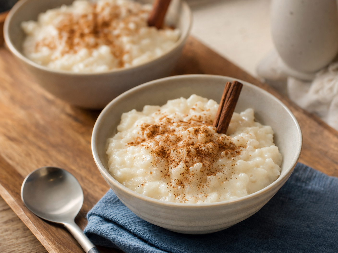 Arroz con leche, creamy rice pudding dusted with ground cinnamon and topped with a cinnamon stick