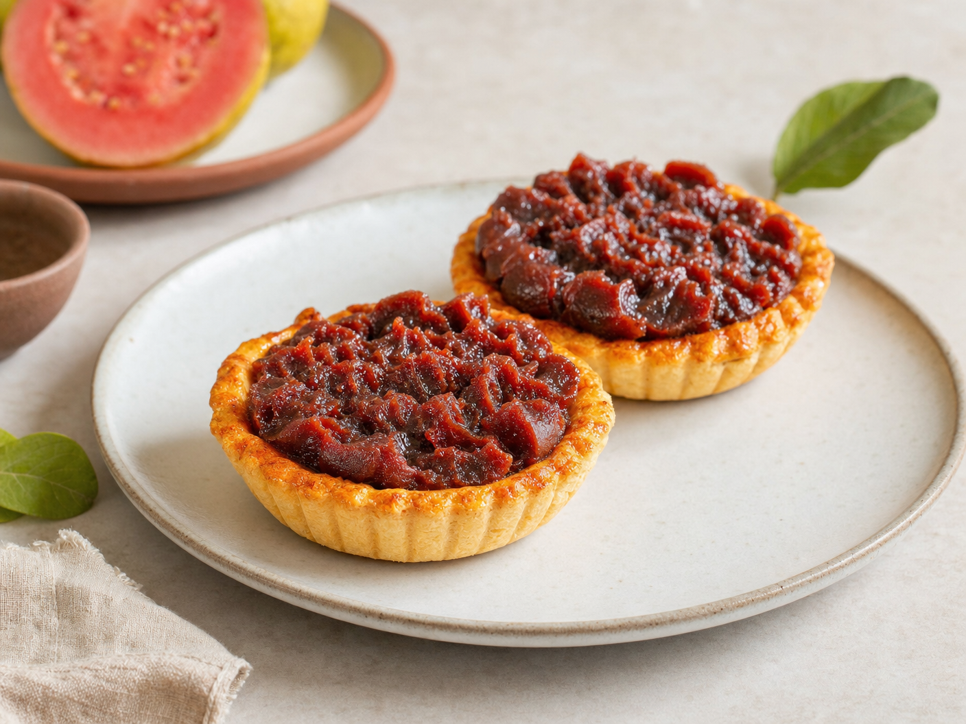 Two golden guava tartlets filled with guava paste on a plate, with a halved fresh guava in the background