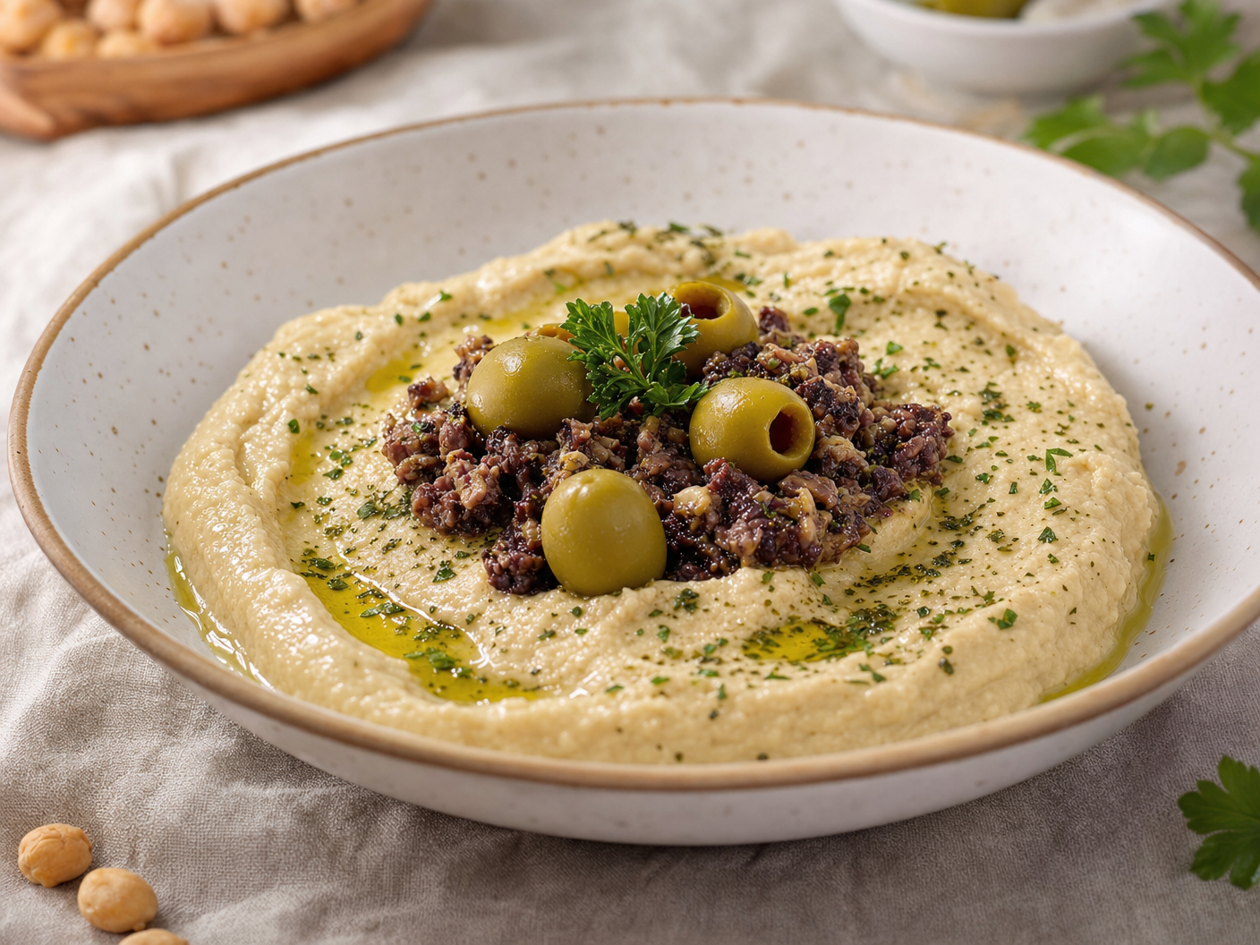 Plate of smooth hummus drizzled with olive oil, topped with chopped olive tapenade, whole green olives and parsley
