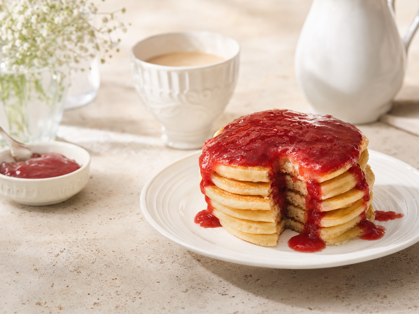 Stack of pancakes topped with red guava sauce, with a small bowl of extra sauce and a cup of coffee