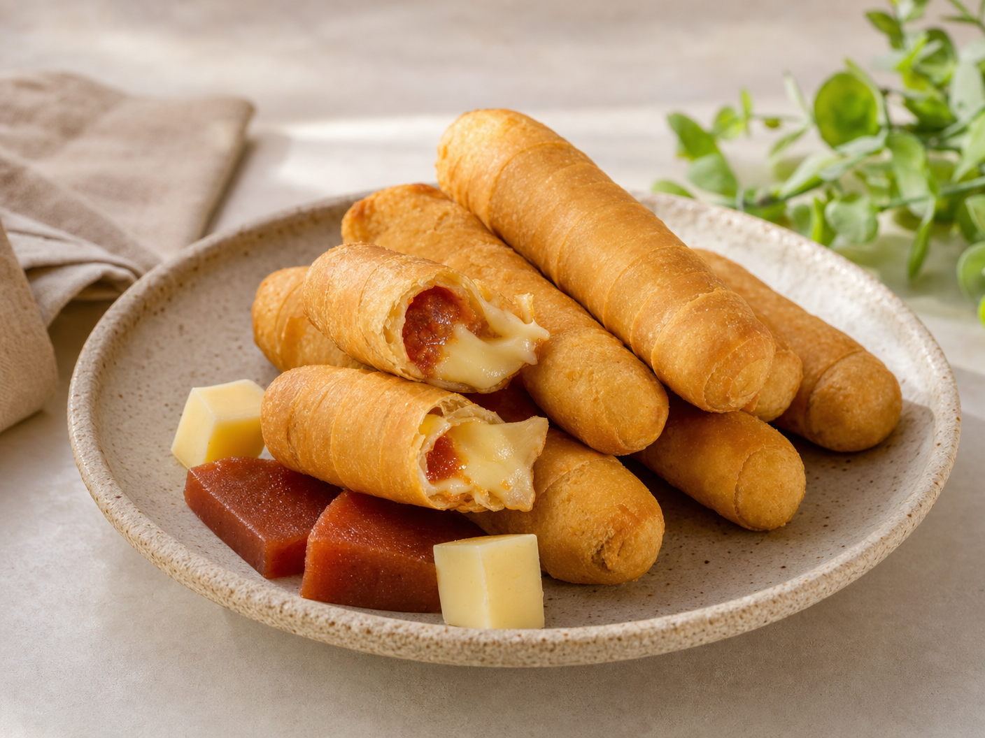 Golden fried tequeños, dough sticks filled with guava paste and melted white cheese, with cubes of guava paste and cheese on the plate