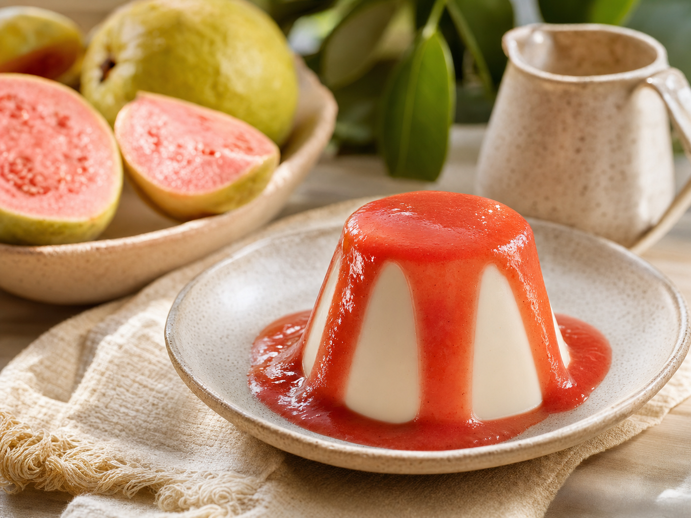 Creamy guava flan topped with bright pink guava sauce on a plate, with halved fresh guavas behind it