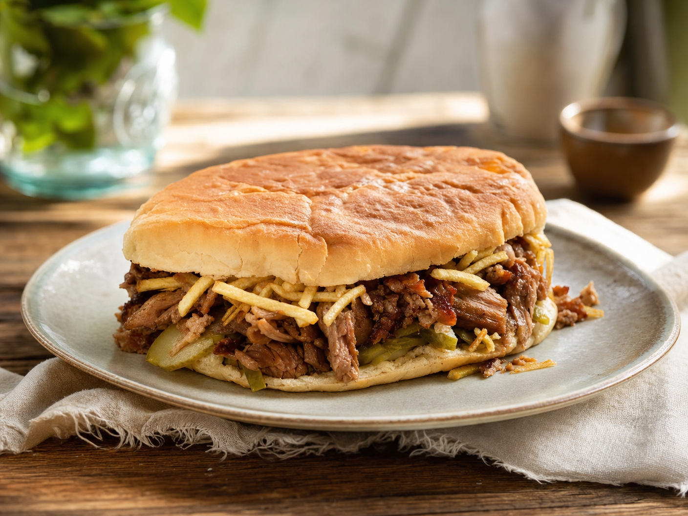 Pan con lechón, a Cuban sandwich of shredded roast pork with pickles and crispy potato sticks on a soft roll