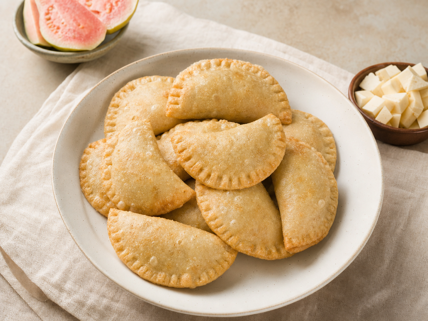 Platter of golden crimped guava and cheese empanadas, with fresh guava slices and cubed white cheese on the side