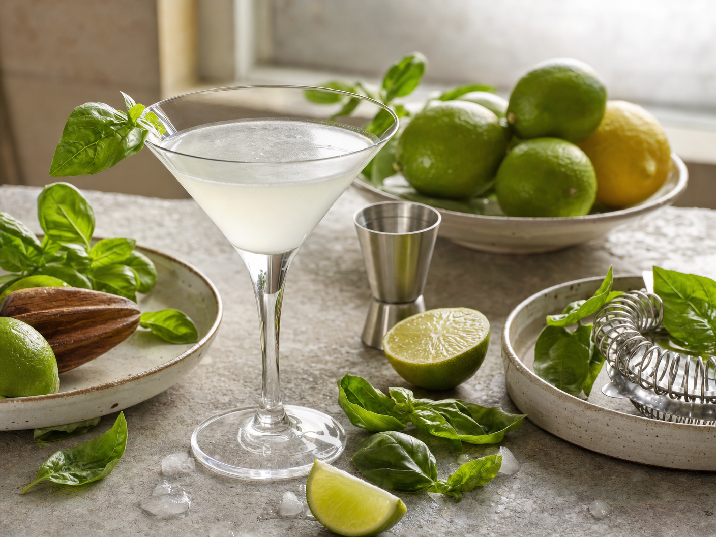 Saoco cocktail of rum and coconut water in a martini glass, surrounded by limes, fresh basil and a bar jigger