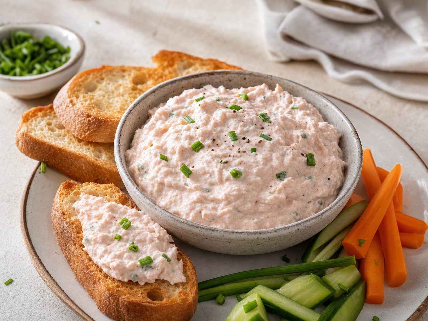 Bowl of cream cheese tuna dip sprinkled with chives, served with toasted bread, carrot sticks and cucumber