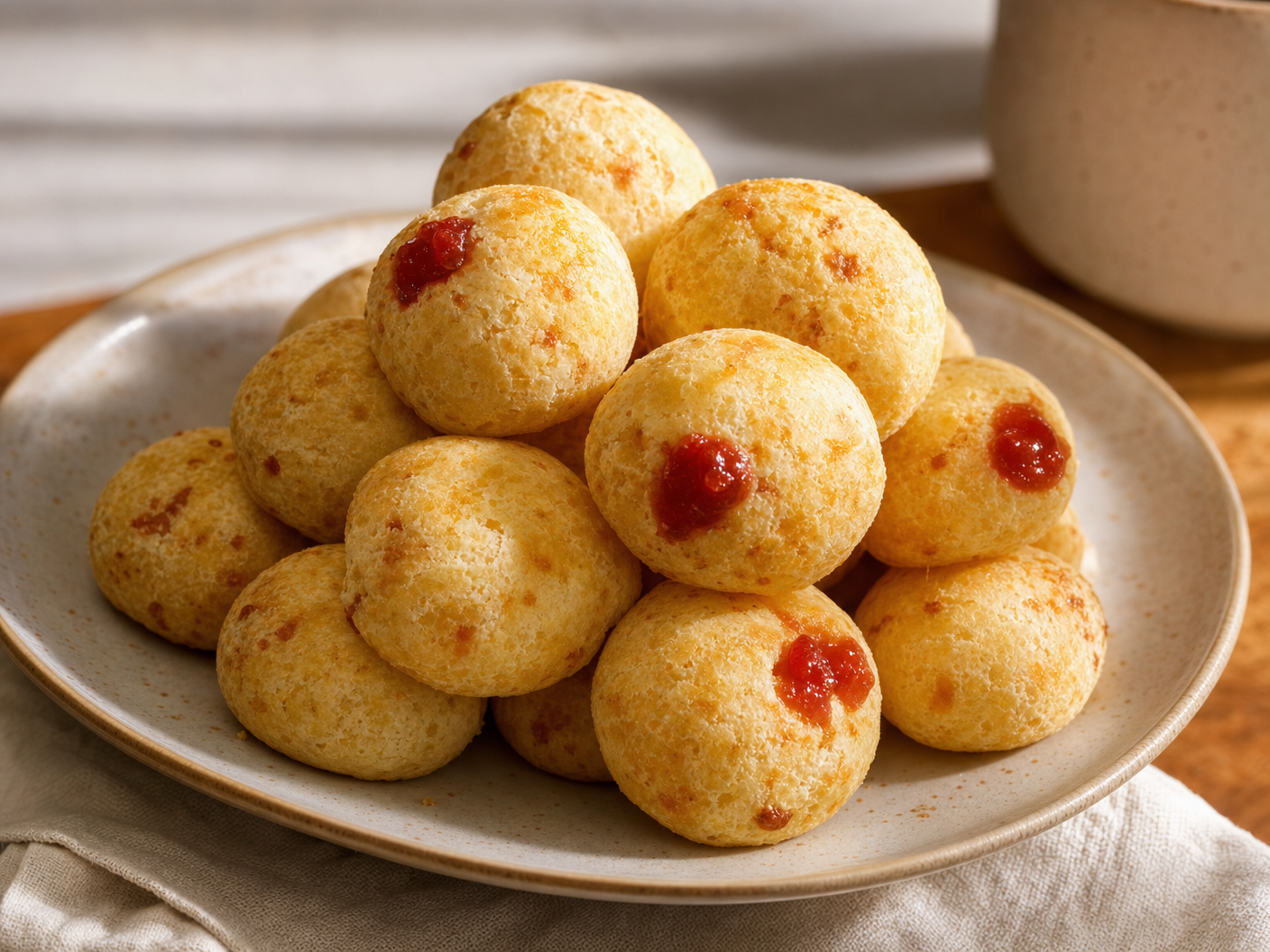 Plate piled with golden pandebono cheese bread rolls, some filled with a dab of guava paste