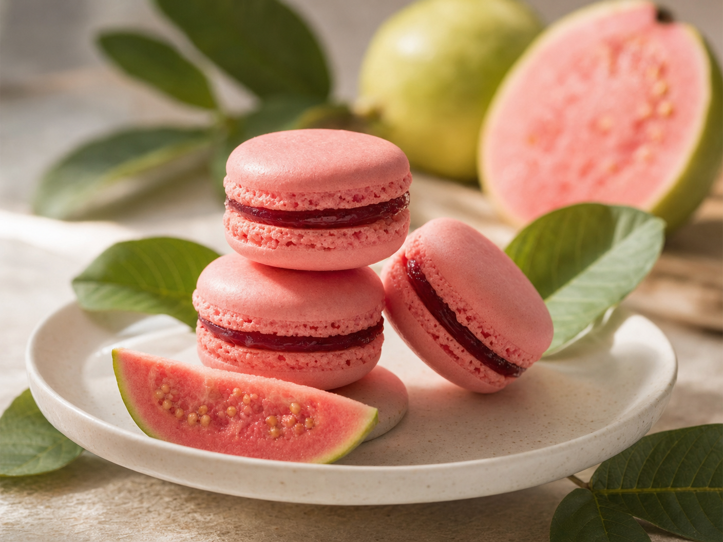 Pink guava macarons filled with guava jam, stacked on a plate with a slice of fresh guava and guava leaves