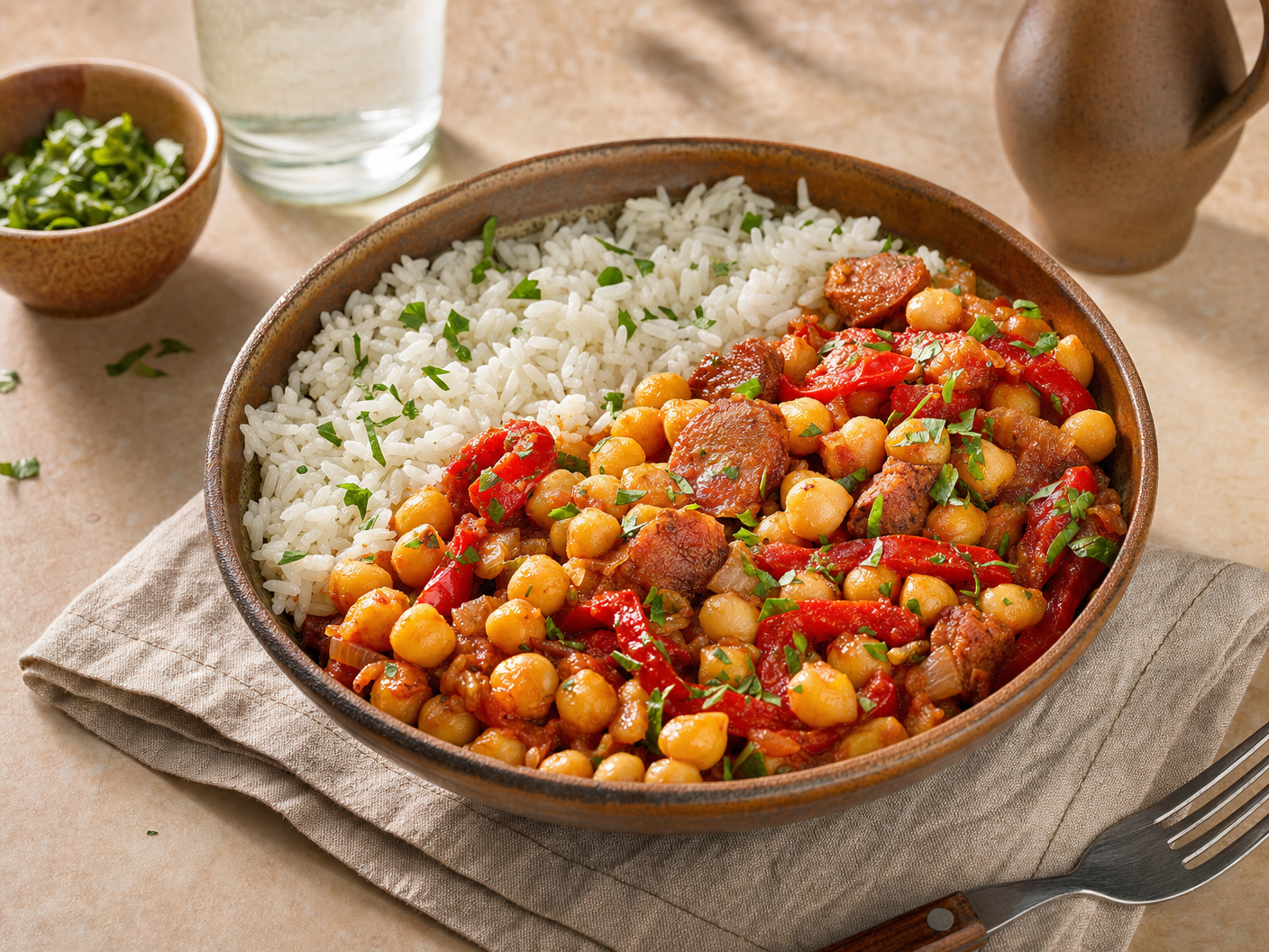 Bowl of fried chickpeas with chorizo and red peppers alongside white rice, garnished with parsley