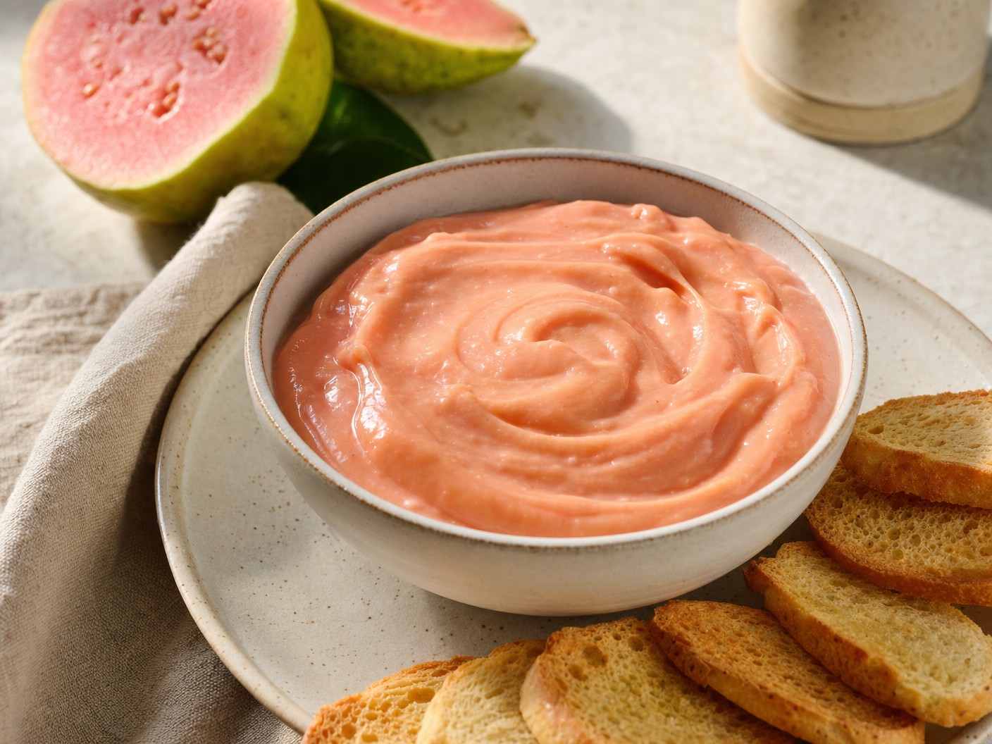 Bowl of creamy pink guava and cheese dip served with toasted baguette slices, with halved guavas behind